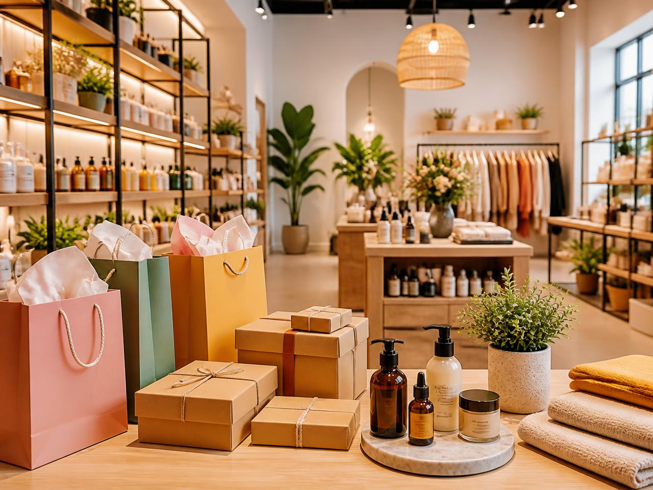 Modern boutique store interior with curated products, gift boxes and shopping bags